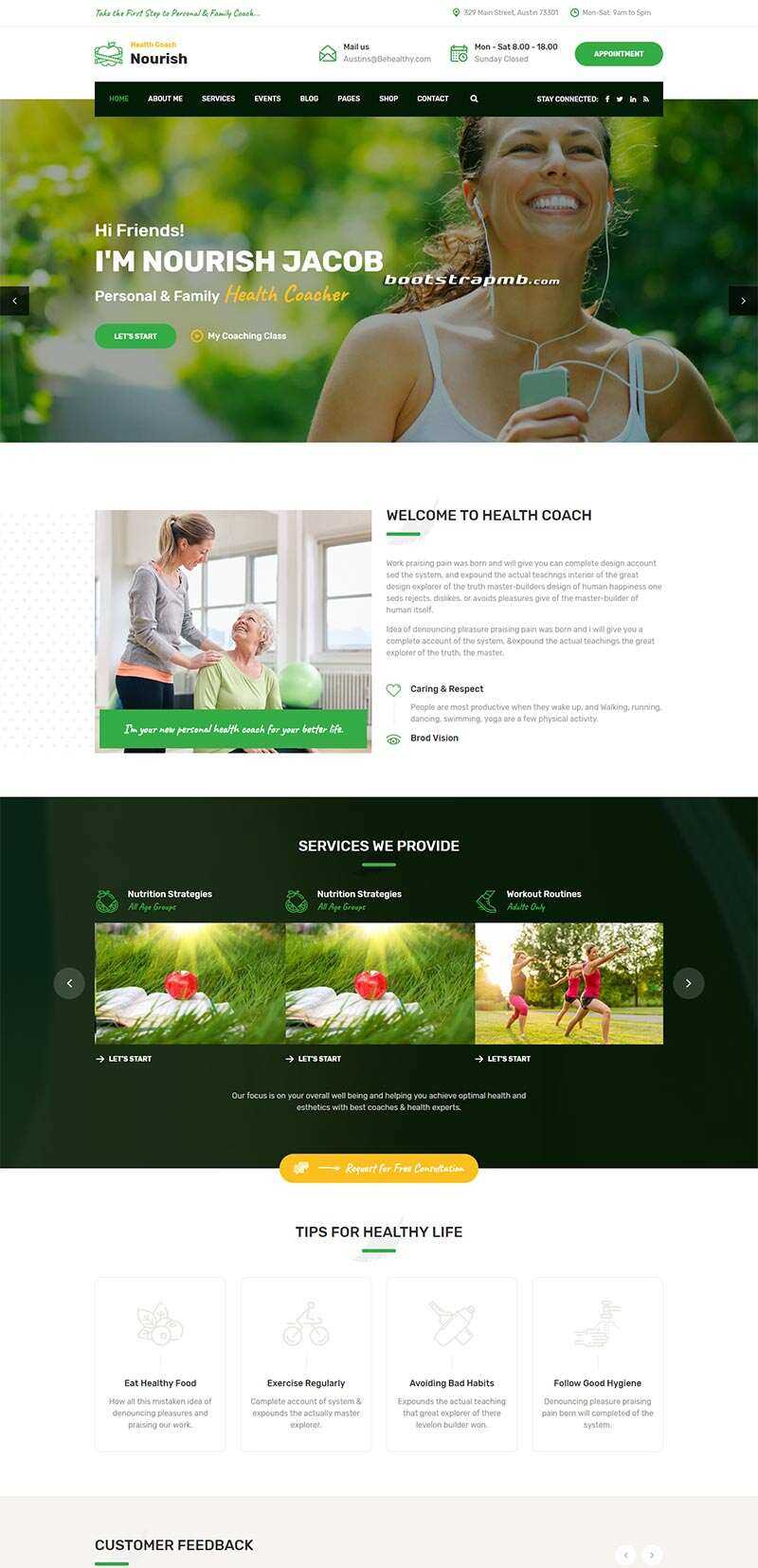 Bootstrap绿色的健康指导生活服务网站html模板 - 项目资源网